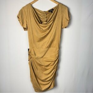 Y2K Bebe Tan Faux Suede Ruched Body Con Cowl Neck Mini Dress